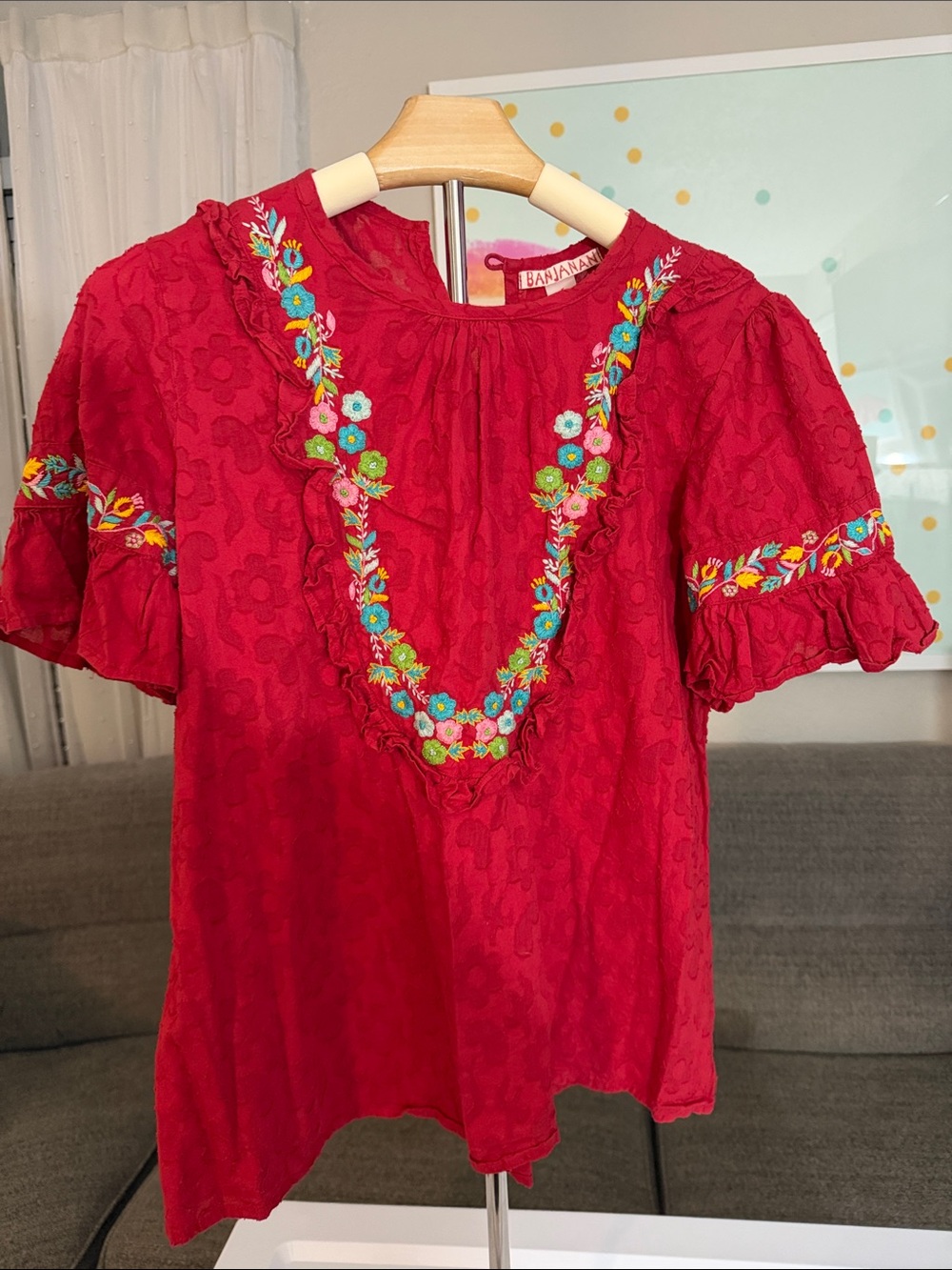 Banjanan Red Embroidered Floral Ruffle Blouse